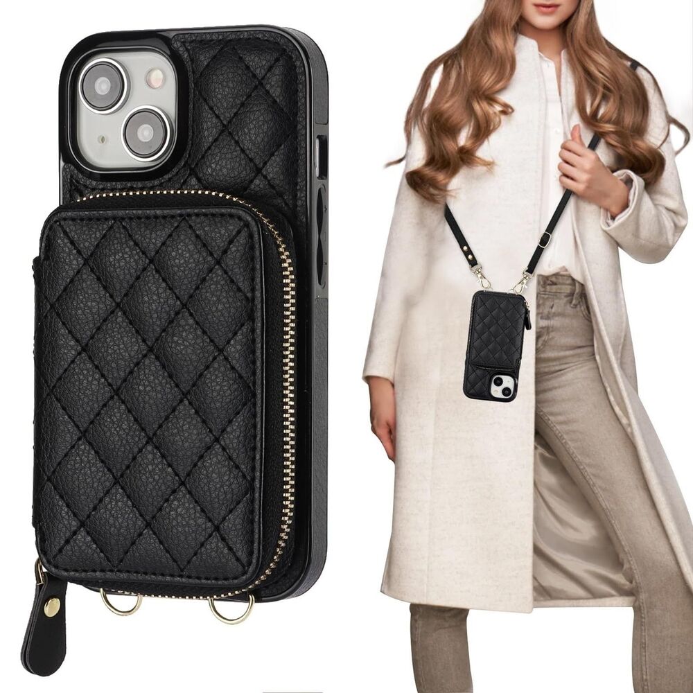 Bocasal Crossbody Wallet Case for iPhone 15 Wrist Strap Lanyard 5G 6.1 Inch -Blk